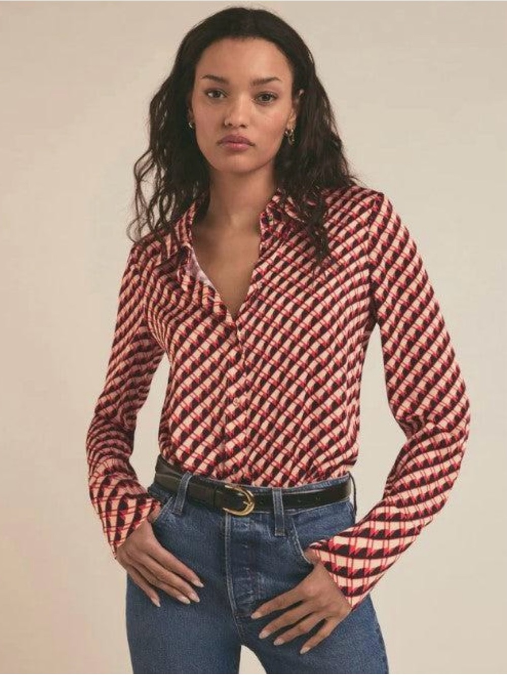 Favorite Daughter Diagonal Stripe Button-Down Shirt in Red and Cream